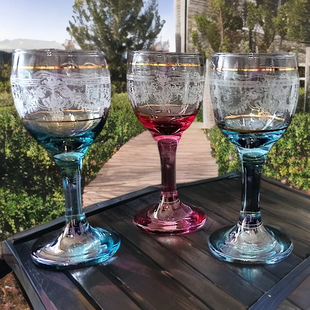 3 Chatel Gold Cristal D'Arques Cordial Glasses‎ Durand Iridescent Cranberry Blue